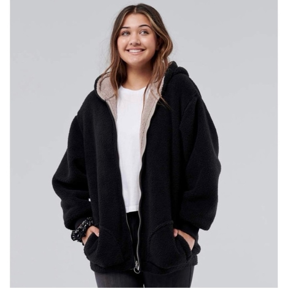 Hollister Reversible Teddy Coat Zip Up Hoodie Black and Tan